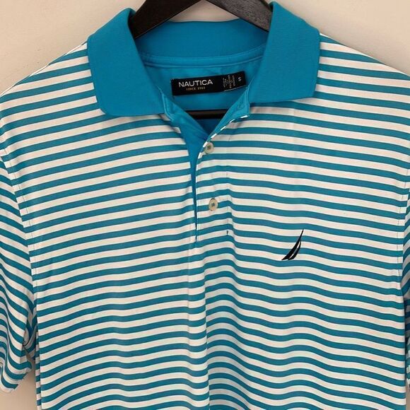 NAUTICA Men's Polo Golf‎ Shirt Striped Short Sleeve Logo Stretch Size Small Aqua - Picture 3 of 8